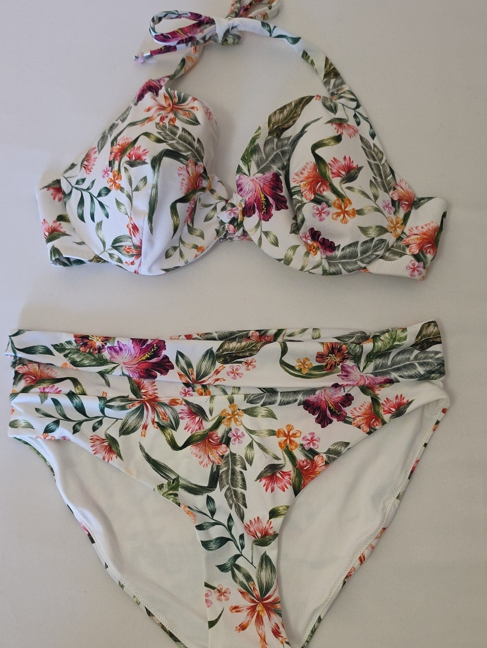 H&M White Tropical Floral Halter Bikini